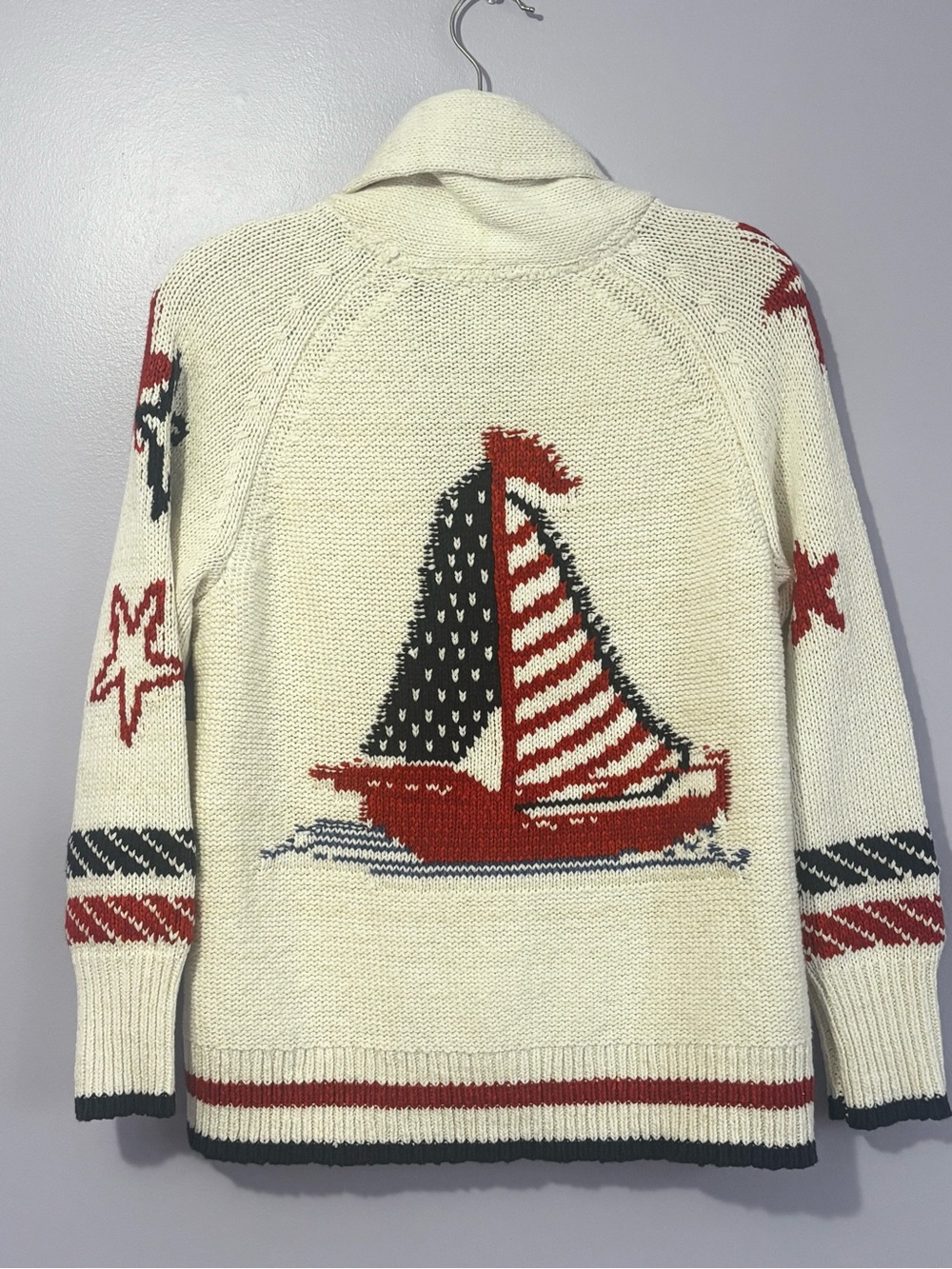 NWT Anthropologie Cream Nautical Sailboat Red & Blue Stars Cozy Cardigan SZ XS - Picture 8 of 16